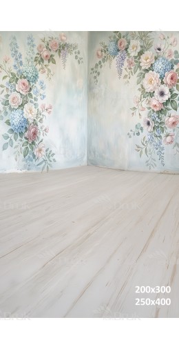 Tło fotograficzne „Pastelowa ściana z kwiatami w odcieniach błękitu i różu” | 4096